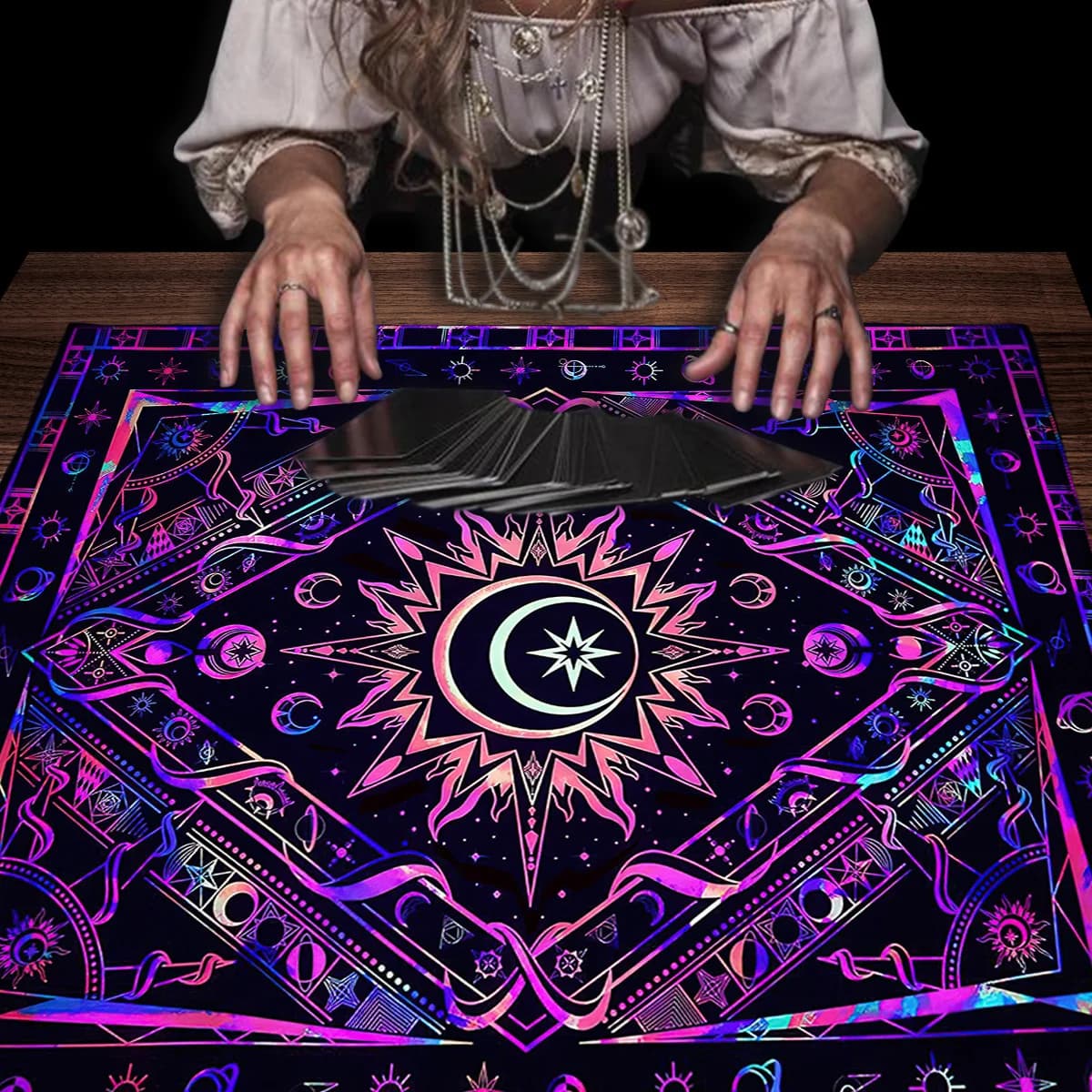Sole e Luna Mandala Tarocchi Tovaglia Vibrante Cielo Stellato Altare Decor Per Divinazione Rituale Panno Floreale Tarocchi Carta Zerbino Arazzo