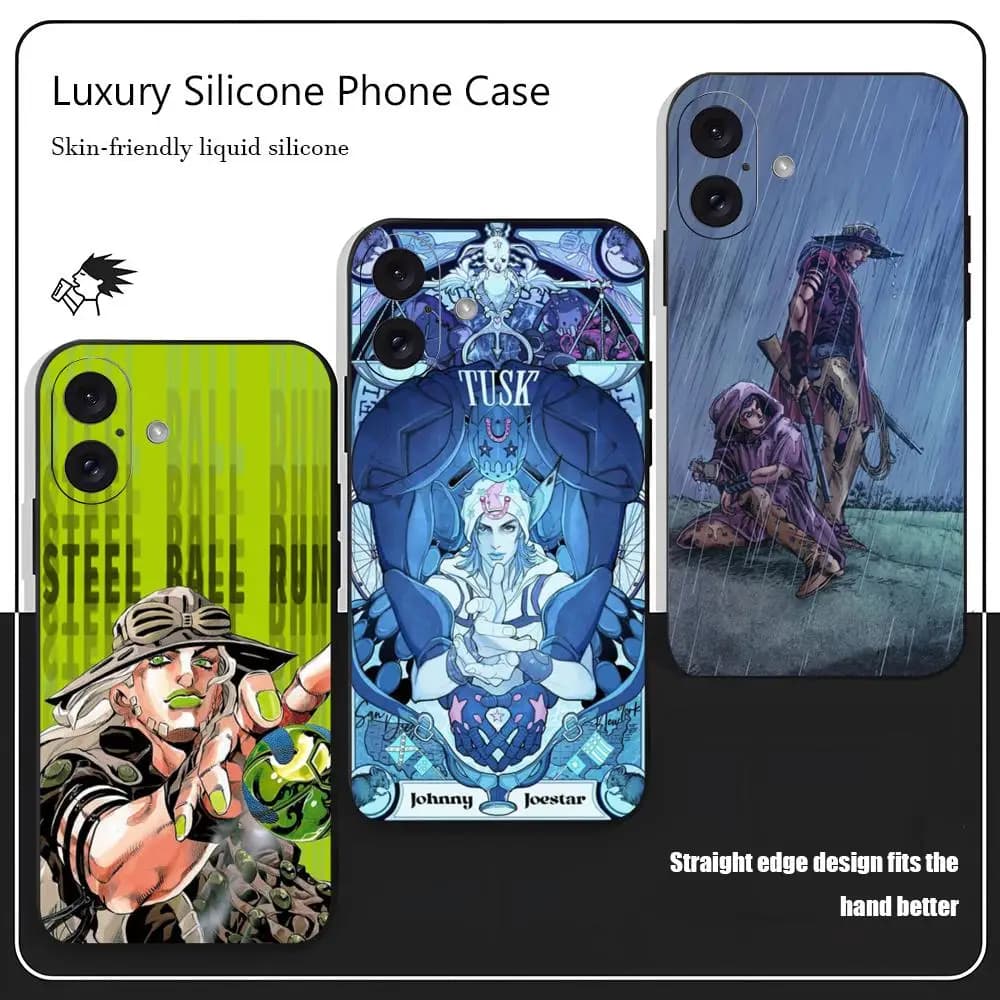 JOJO Steel Ball Run Anime Phone Case For iPhone 17 16 15 14 13 12 X XR XS 8 Plus Mini Pro Max Soft black Shockproof Cover