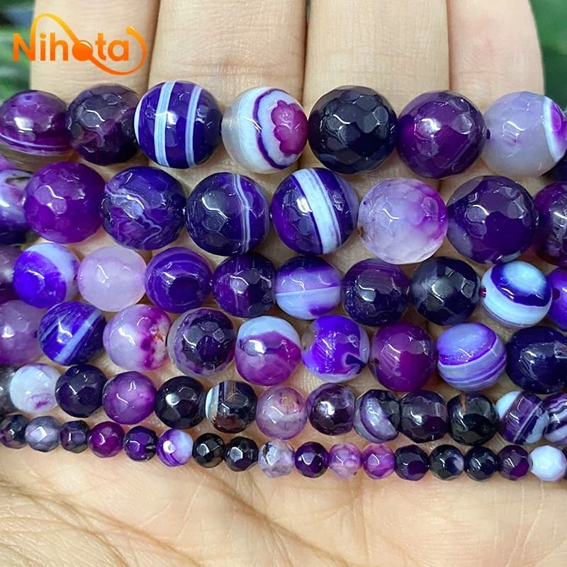 Pietra naturale Agata sfaccettata a strisce viola Onice Perline sparse rotonde 4/6/8/10/12mm Accessori braccialetto fai da te Orecchini Anelli 15''
