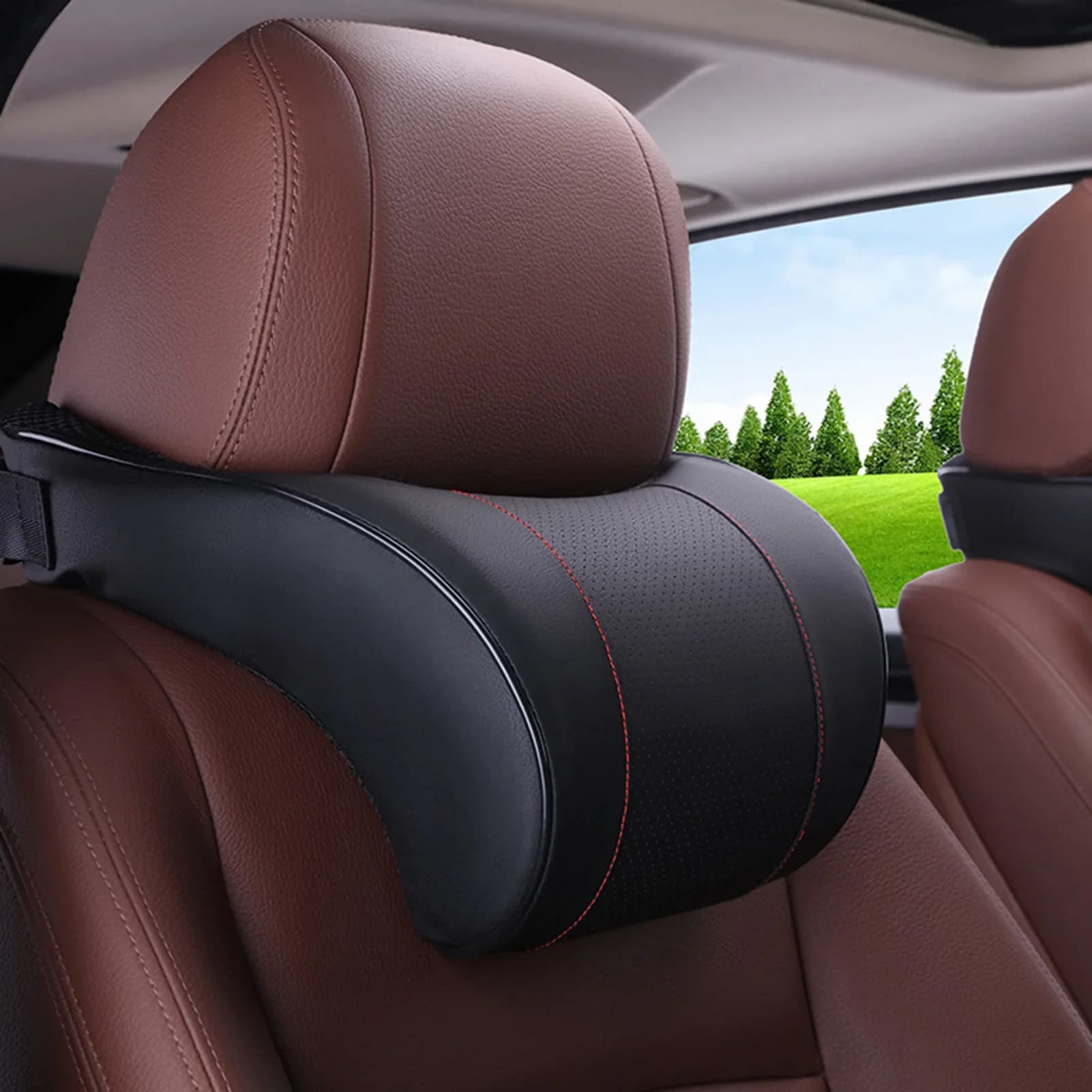 Car Headrest - Memory Foam & Leather Neck Support Pillow, Comfortable Vehicle Pillow, All-Season Universal