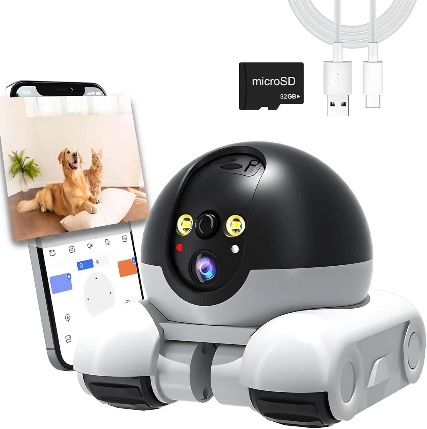 Telecamera per Animali Domestici, Videocamera di Sicurezza Interna 1080p con App per Smartphone, Monitor WiFi per Cani/Gatti/Bambini, Comunicazione Bidirezionale, Visione Notturna, Rilevamento del Movimento, Scheda SD da 32GB