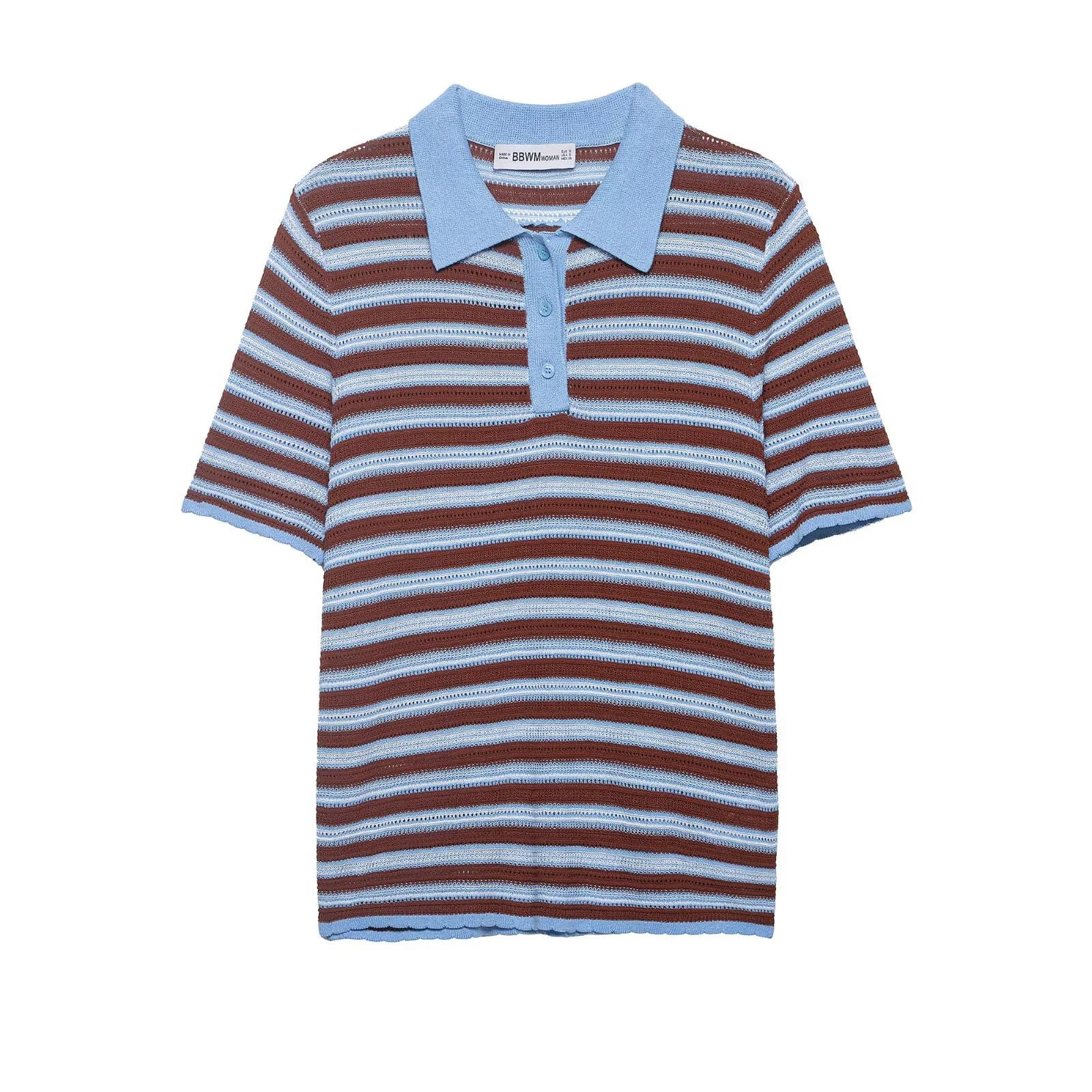 Abbigliamento estivo in stile coreano, giovanile, con colletto polo, camicia a maniche corte a righe con effetto snellente, top a maniche corte lavorato a maglia