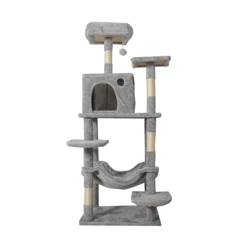 Tiragraffi e lettiera per gatti multi-livello all-in-one, con una grande casetta in legno per gatti, confezionata in una scatola di cartone