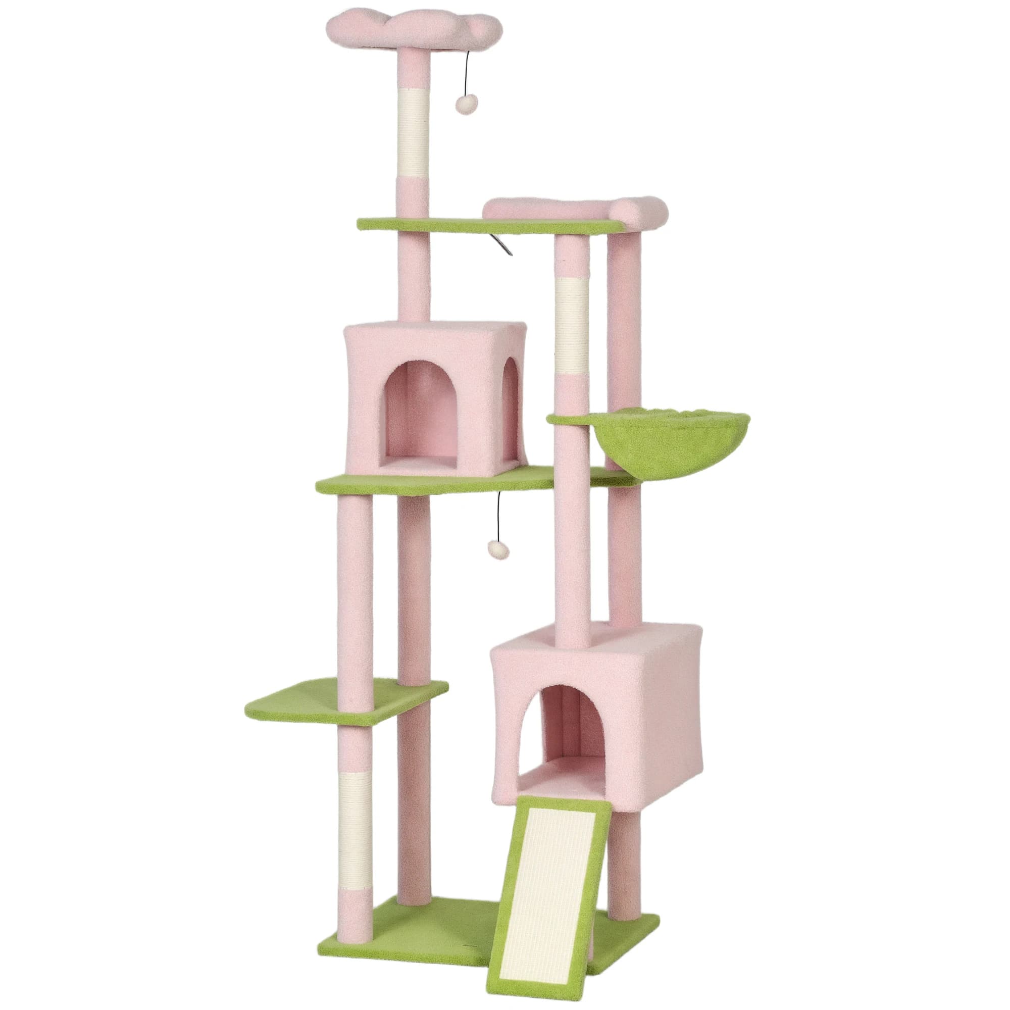 Albero per Gatti a Forma di Fiore, 187 cm di Altezza, con 2 Cucce, Amaca, Piattaforme e Tiragraffi per 2-3 Gatti, Rosa Crema