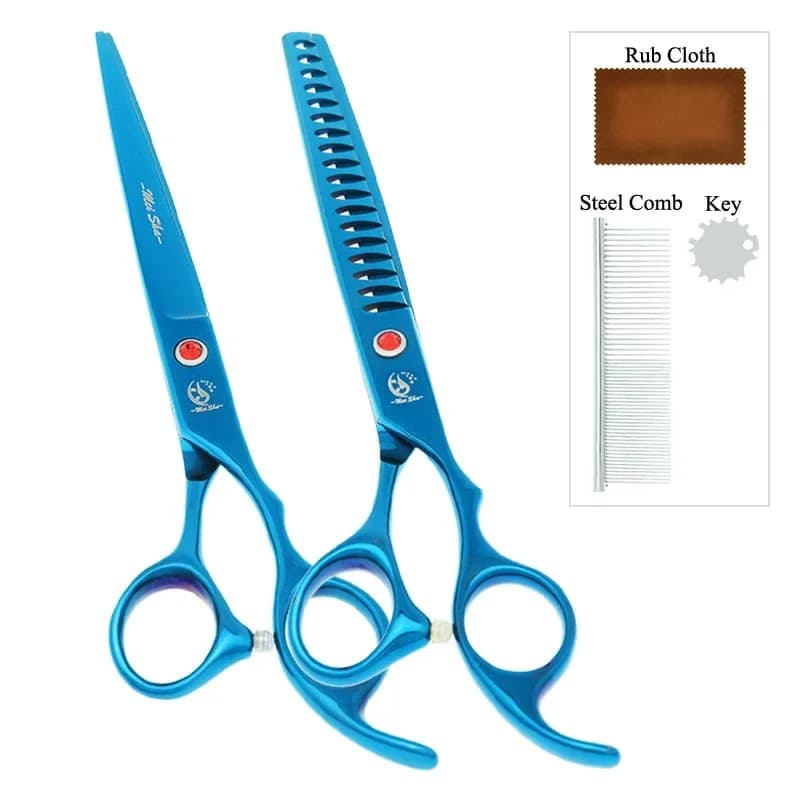 Kit Professionale di Forbici per Toelettatura Cani 7.0\" 2 Pezzi con Pettine in Acciaio, Tosatrici Curve per Sfoltire il Pelo degli Animali B0024A