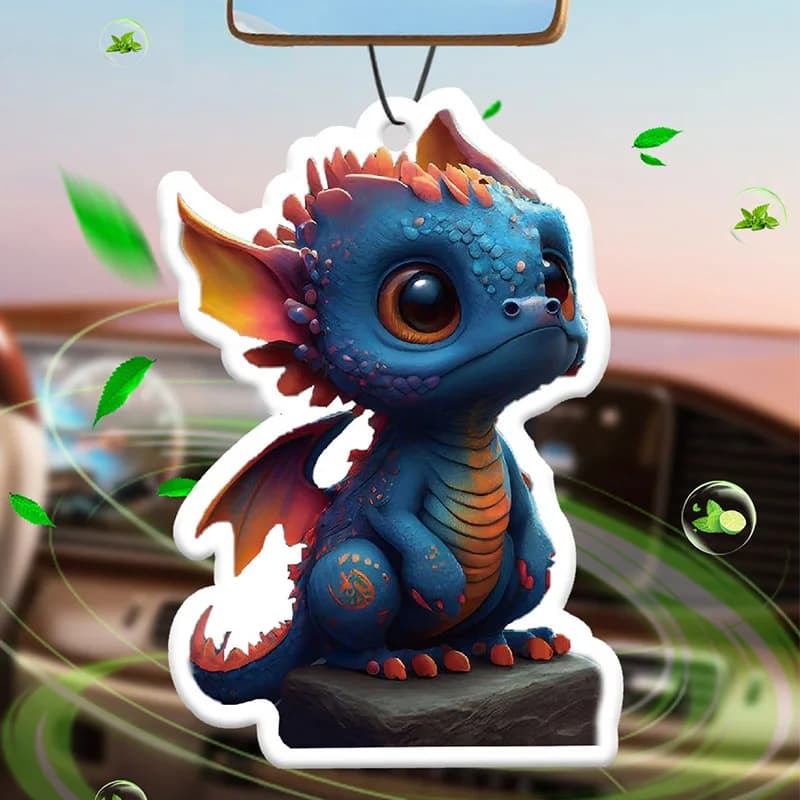Profumatore per auto a forma di dinosauro con fiamma blu, profumo a lunga durata, ciondolo antivento, sacchetto profumato.