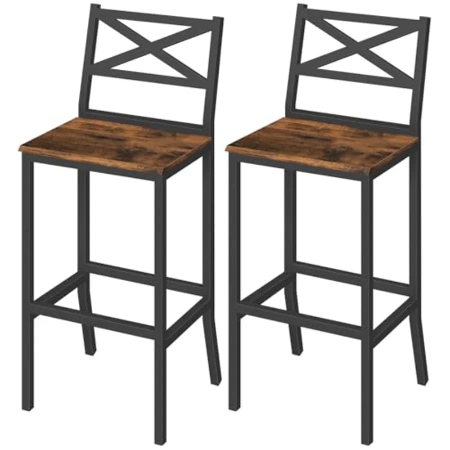 Set di 2 Sgabelli da Bar con Schienale e Poggiapiedi, Altezza 26 Pollici, Sedie da Bancone per Cucina e Colazione, Facile Montaggio, Metallo Nero