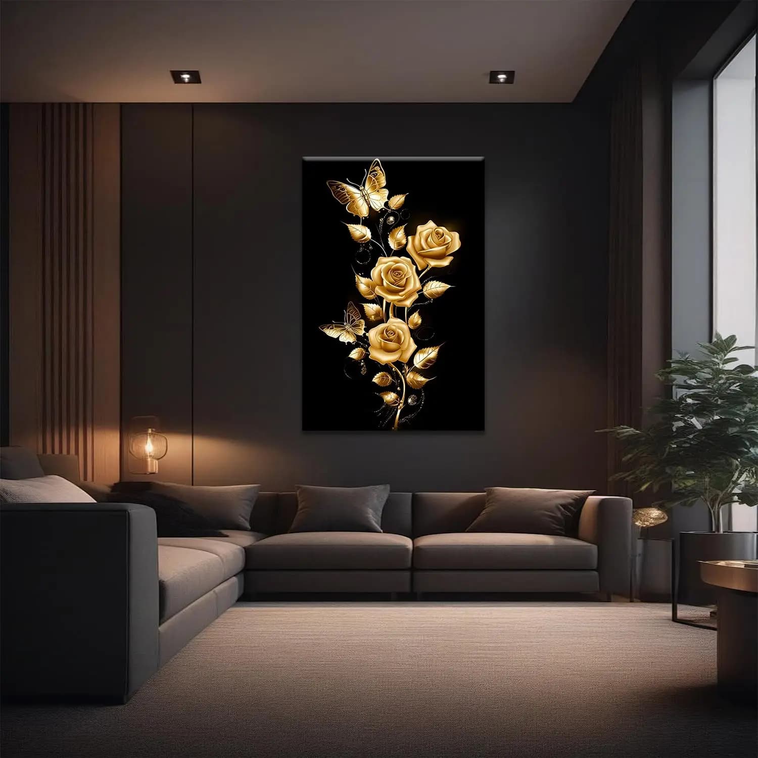 Wall Art on Pink Canvas Black and Golden Floral Pictures Flower Painting Wall Decoration without Frame for House Bedroom