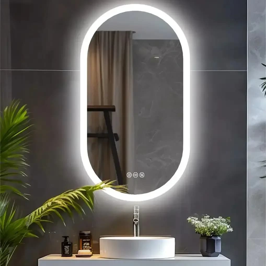 % A 3 Dimmable Size LED Oval Bathroom Mirror 3 Colors Smart Light Antifog Cosmetic Mirror Wall Mounted Plug/Air Wire Installation