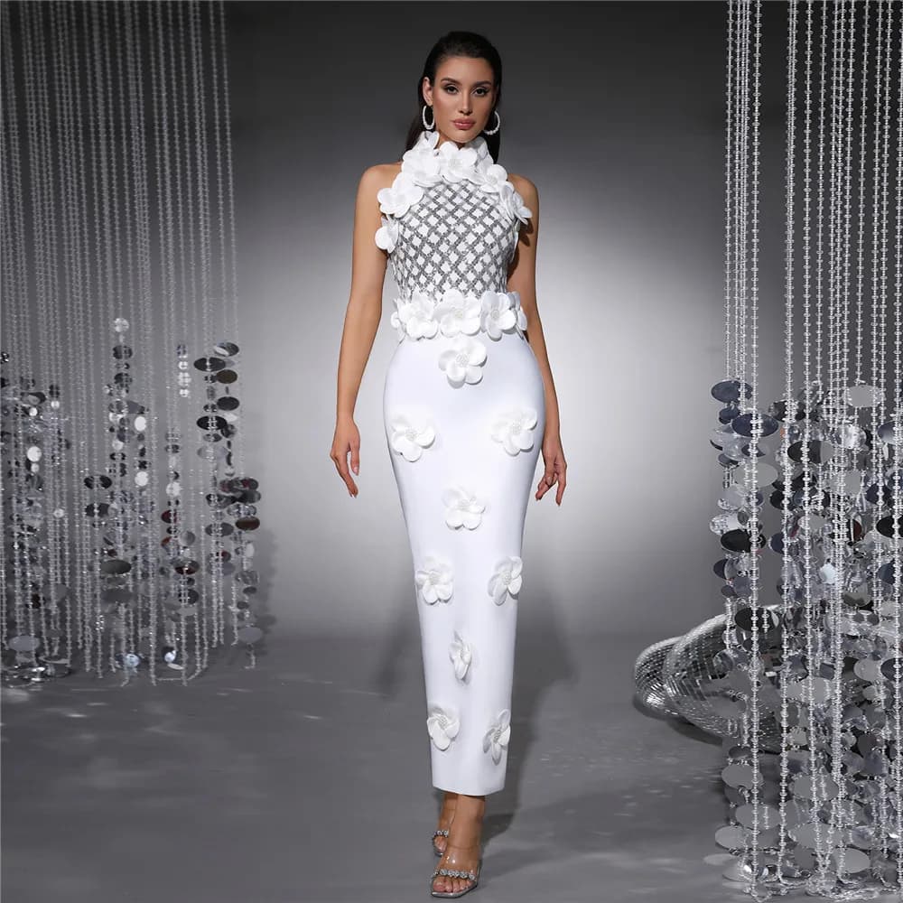 Women Fashion Flower Beading Sequins Patchwork Bandage Dress Celebrity Party Sleeveless Elegant Dresses