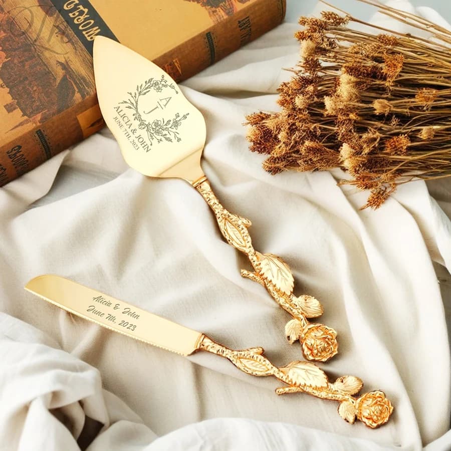 Custom Wedding Cake Knife Set Pala and Rose Knife for Wedding Cake Laser Engraving Custom Wedding Gift Anniversary Gift