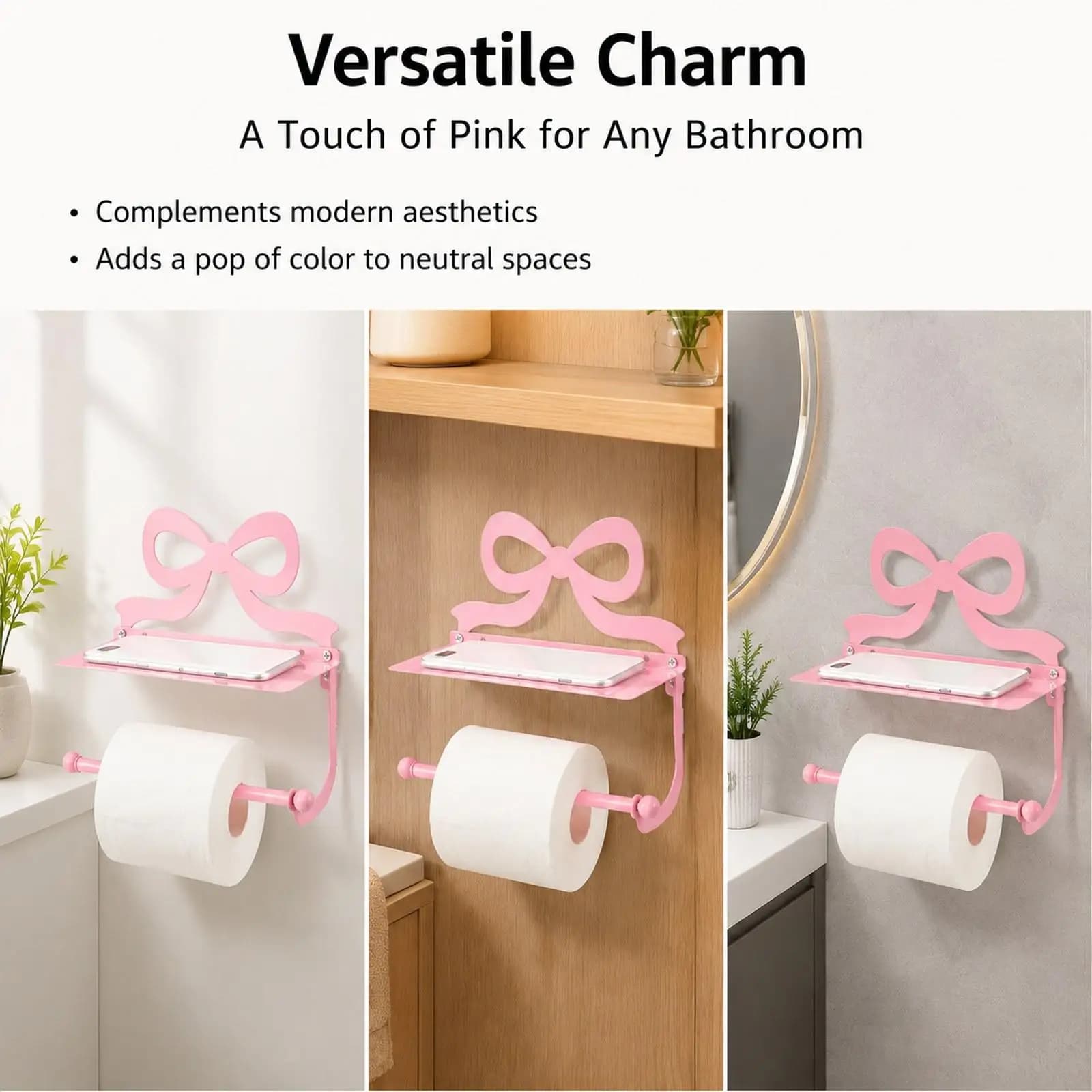 Metal Toilet Paper Holder with Phone Shelf Tissue Dispenser Wall Mounted for Home Decor
