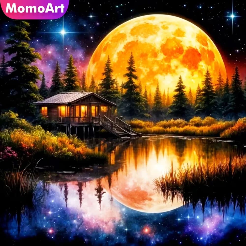 Momoart DIY Diamond Painting Paesaggio Domestico, Mosaico con Diamanti Quadrati e Rotondi, Ricamo a Punto Croce Fiume e Luna, Hobby Fai da Te