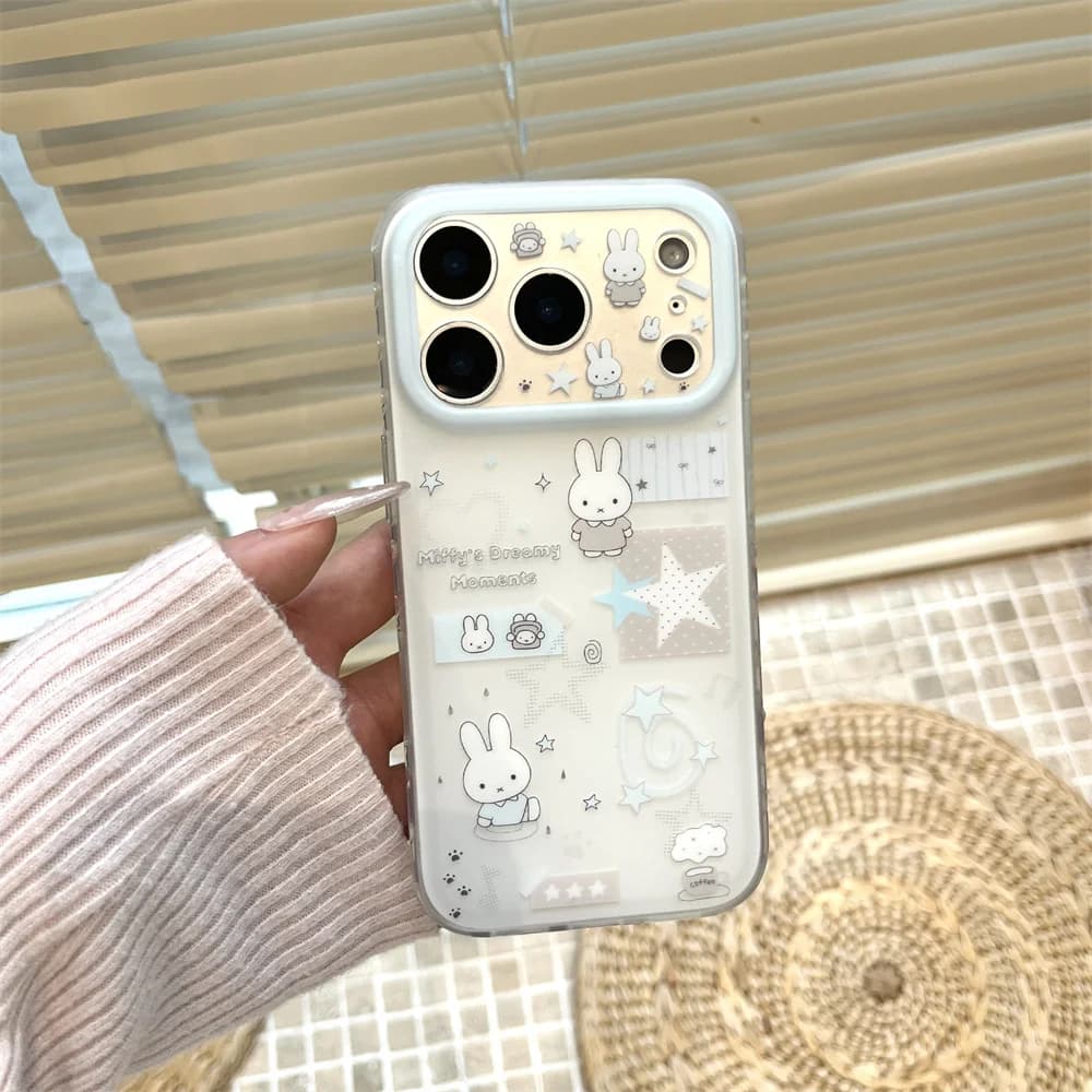 INS Cute Star Line Rabbit Phone Case for iPhone 16 Pro 14 15 17 Pro Max Cases 16 Max Cartoon Fundas Shockproof Protective Cover