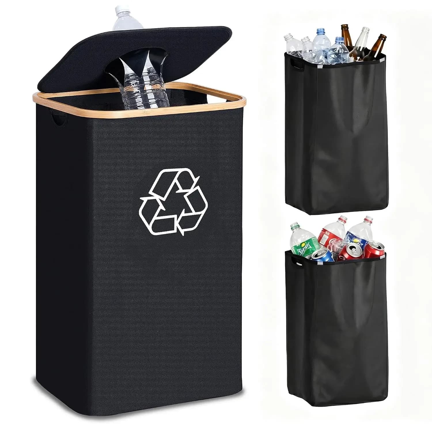 100L Recycling Bin with 2 Reusable Bags, Large Kitchen Trash Can for Bottles & Cans, Black