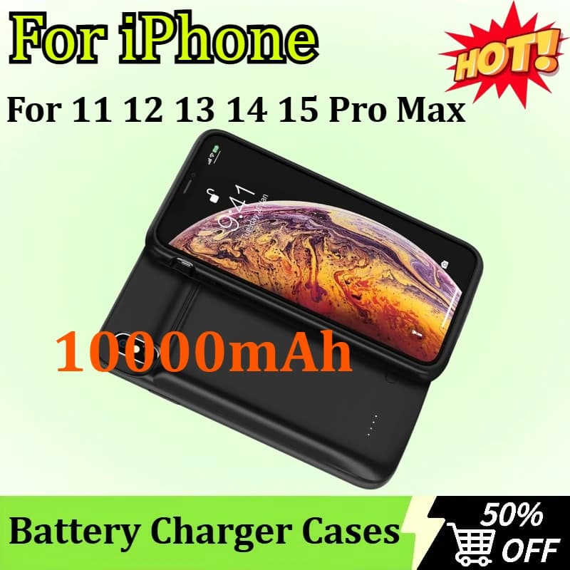 Custodia caricabatteria da 10000 mAh per iPhone 11 12 13 14 15 Pro Max Power Bank Ricarica batteria esterna Batteria portatile