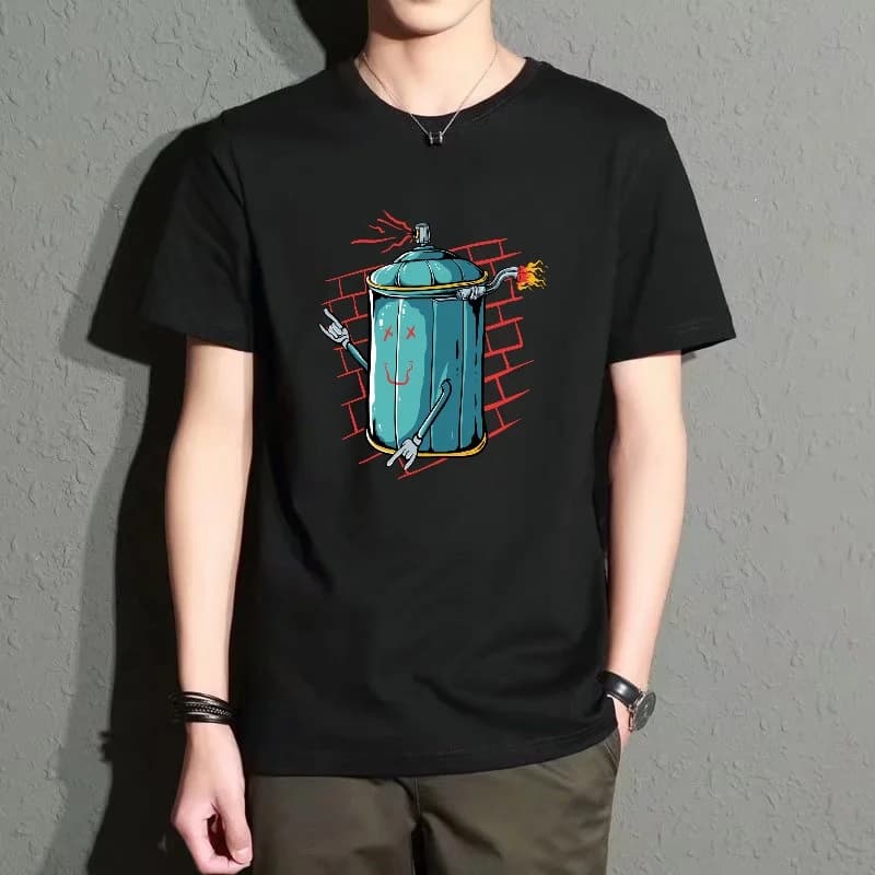 Men's Black Round-Neck Short-Sleeved T-Shirt, Fun Cartoon Print Loose Top, Street Fashion Casual Style, Versatile, Comfortable and Breathable for Everyday Outings