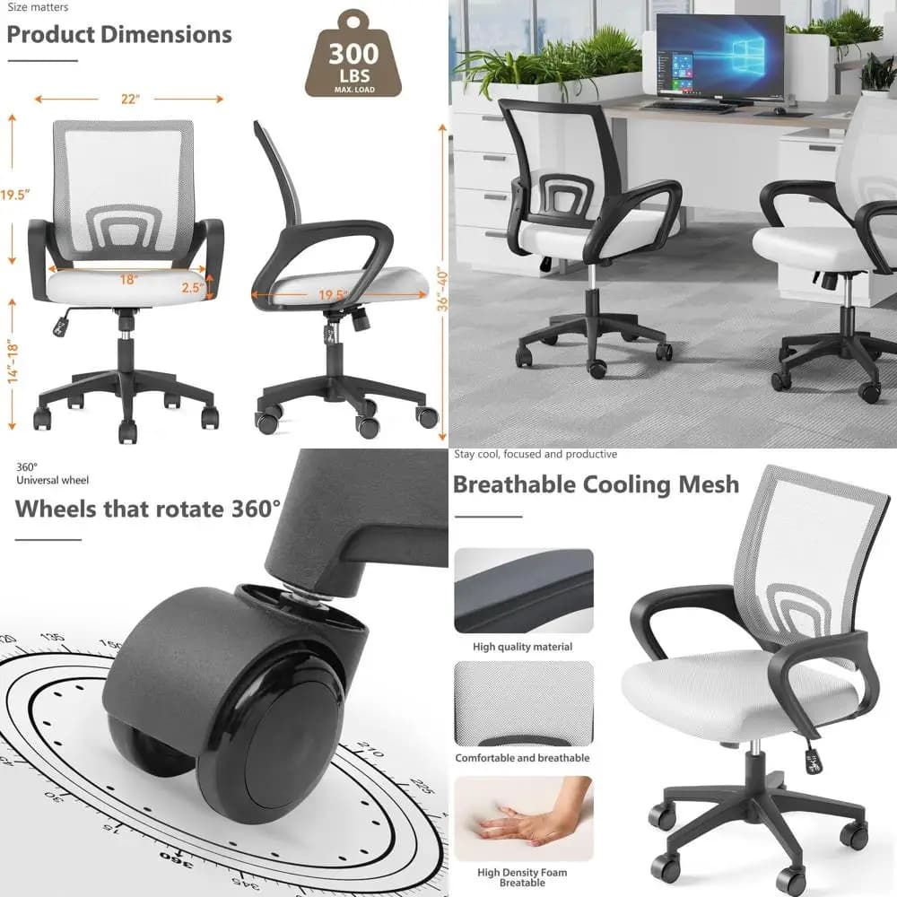 Sedia da ufficio ergonomica in rete con schienale medio, supporto lombare, girevole regolabile, comodi braccioli per lavoro, studio, gaming (Bianco)