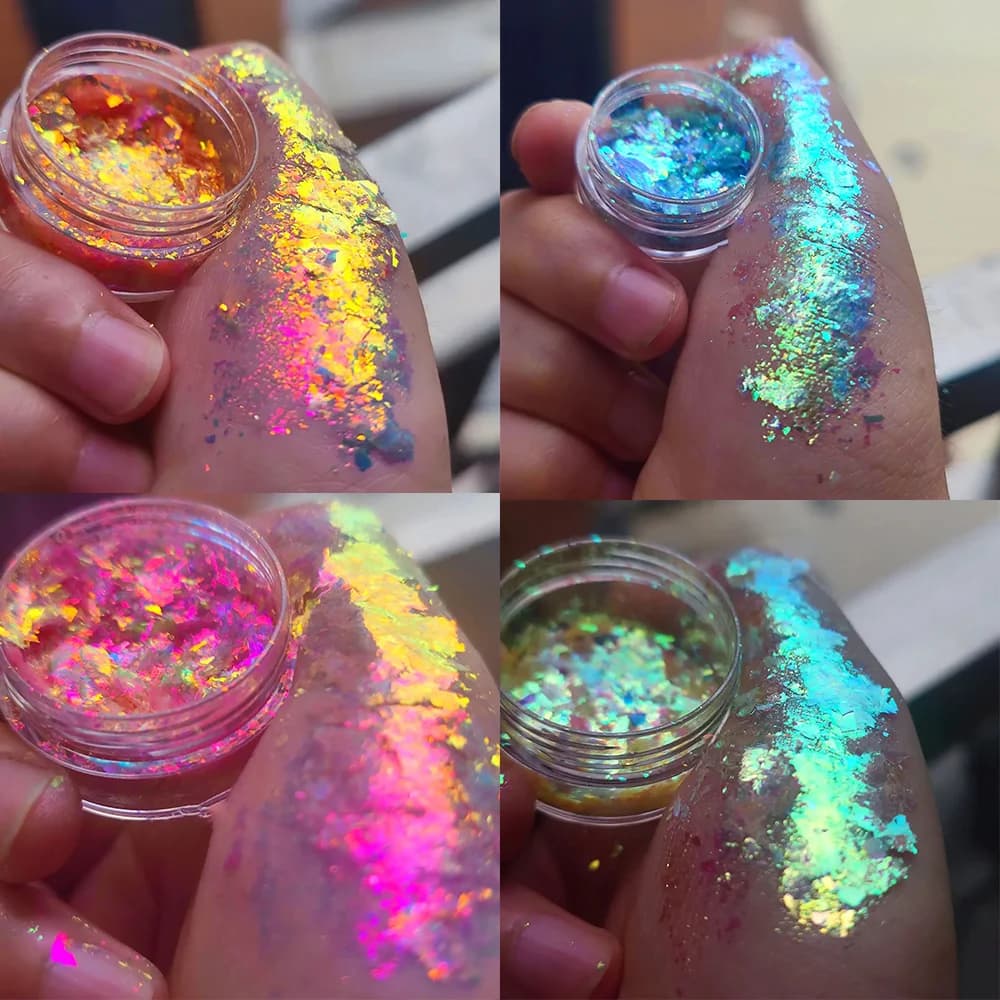 0.1g/barattolo Aurora Camaleonte Nail Art Opale Fiocchi Olografico Specchio Magico Polvere Ad Alta Lucentezza Sirena Iridescente Cromo Pigmento Polvere