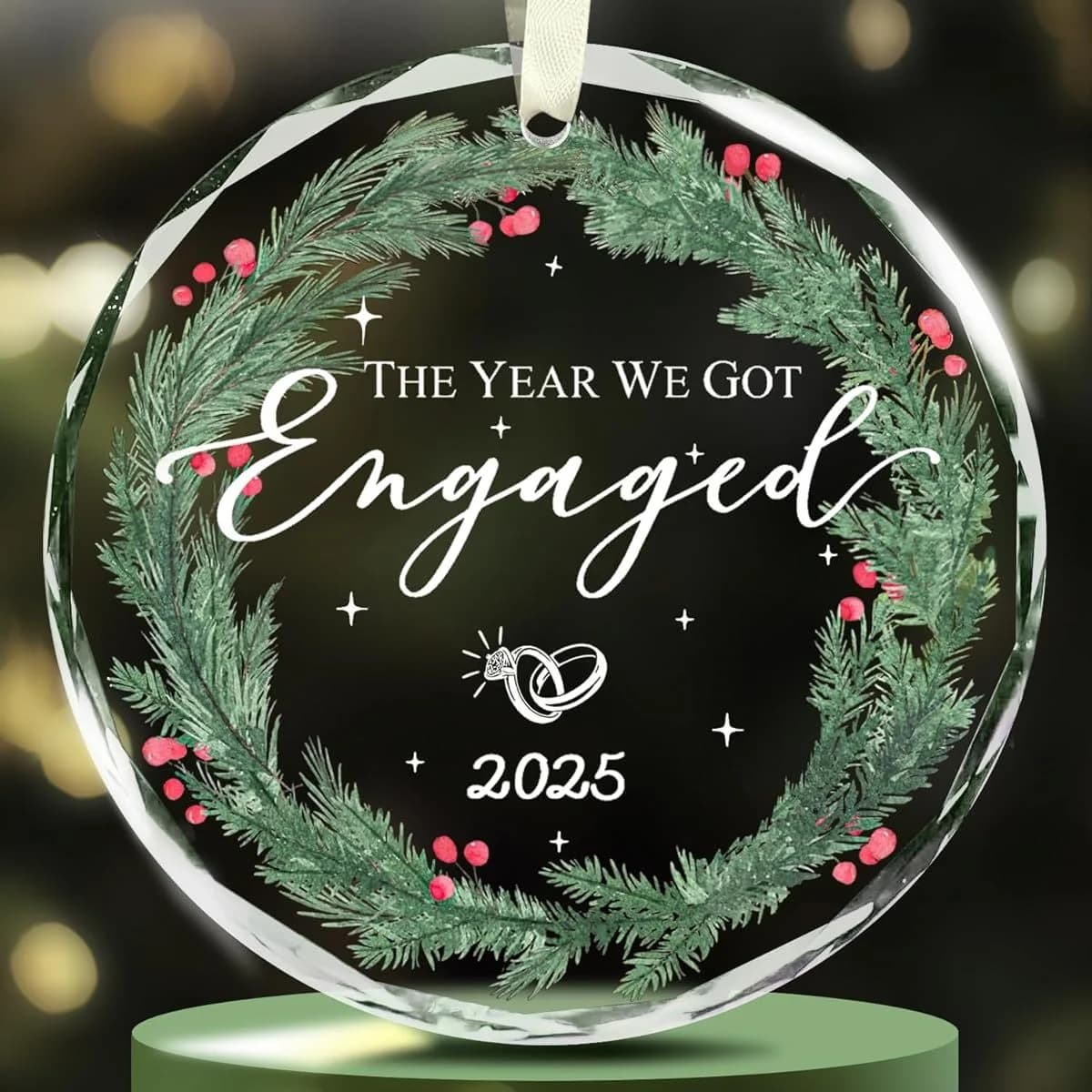 Engagement gift for pair of 2025 - Vintage glass ornament with text "We're Engaged" and design for wedding rings - Green Crimson