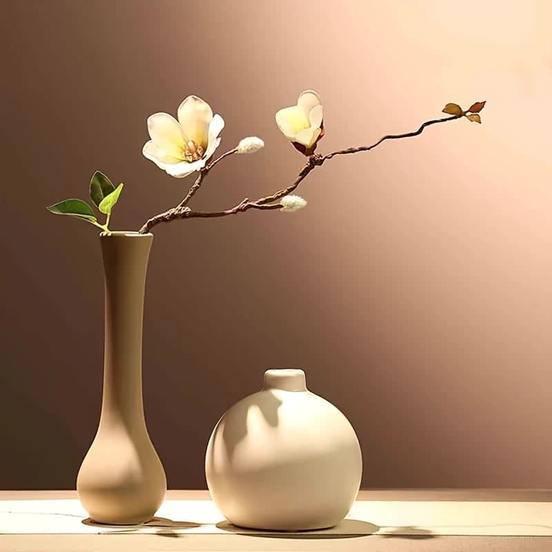 Artificial Magnolia Flower Bouquet with Dry Branches & Green Leaves, Fake Magnolia Floral Stem, Artificial Green Plants