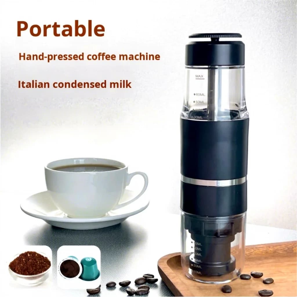 Portable hand-operated espresso machine, home use, manual travel espresso capsule coffee maker
