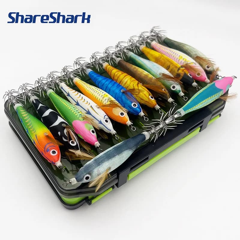 Fishing bait ShareShark 14 Pieces, Esca in Legno a Forma di Gamberetto Luminoso, Calamaro, Polpo, Seppia, Esca Rigida con Occhio 3D, Fishing equipment