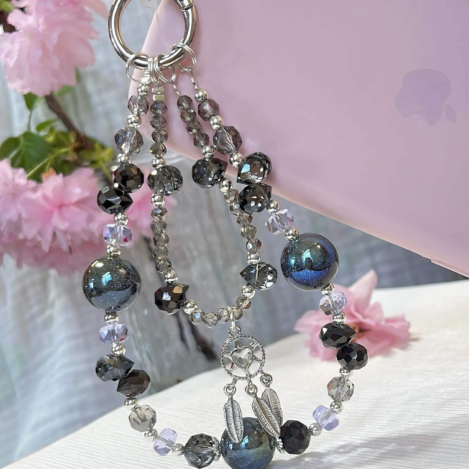 Luxury Dreamcatcher Pendant Phone Lanyard Dark Blue Galaxy Beads Crystal Wrist Strap Gothic Style Phone Charm for Women Men Gift