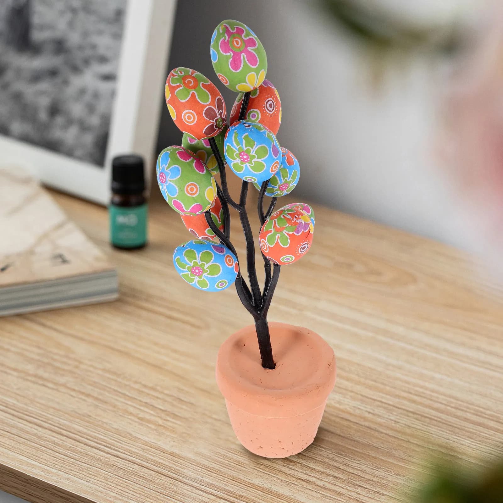 Easter Egg Bonsai Statue Cartoon Print Decorations Home Eggs Plant Artificial Flower Centerpiece Easter Tabletop