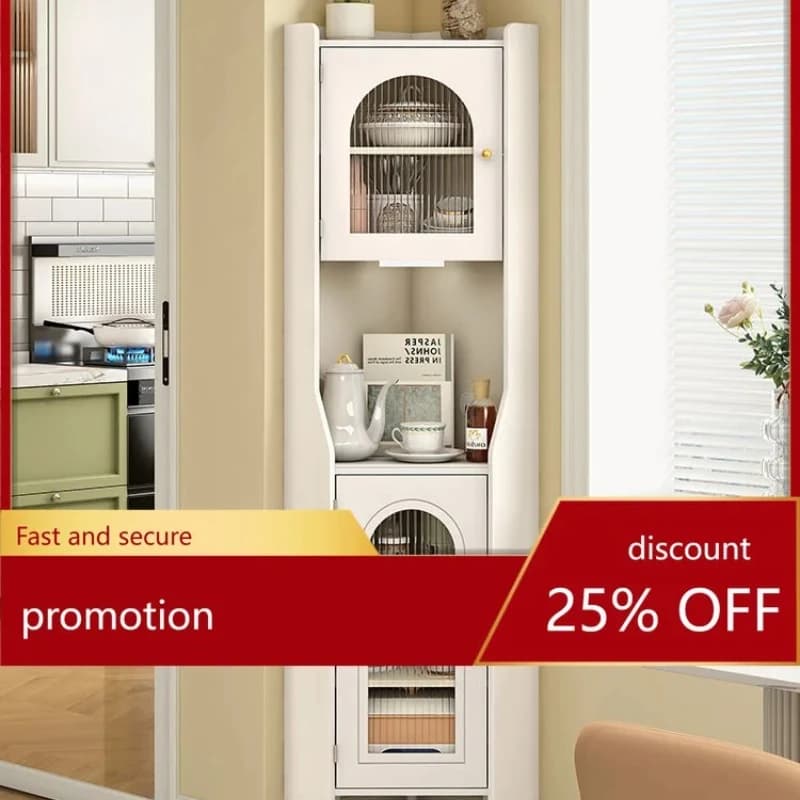 Credenza Angolare per Ristorante con Porta in Vetro, Mobile Bar Piccolo, Credenza con Piano in Pietra, Stile Lusso Leggero