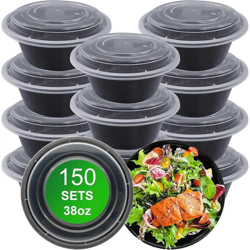 Confezione da 150 Contenitori Rotondi Monouso da 38oz per Preparazione Pasti con Coperchi Ermetici, Grandi Contenitori per Pranzo in Plastica Riutilizzabili, Senza BPA, Sicuri per
