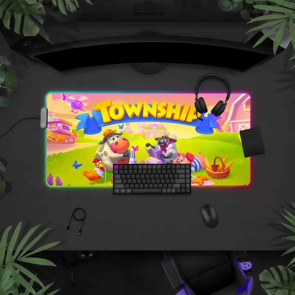 Tappetino per mouse Game T-Township con luce LED RGB, tastiera da gioco colorata, copertura antiscivolo, superficie impermeabile