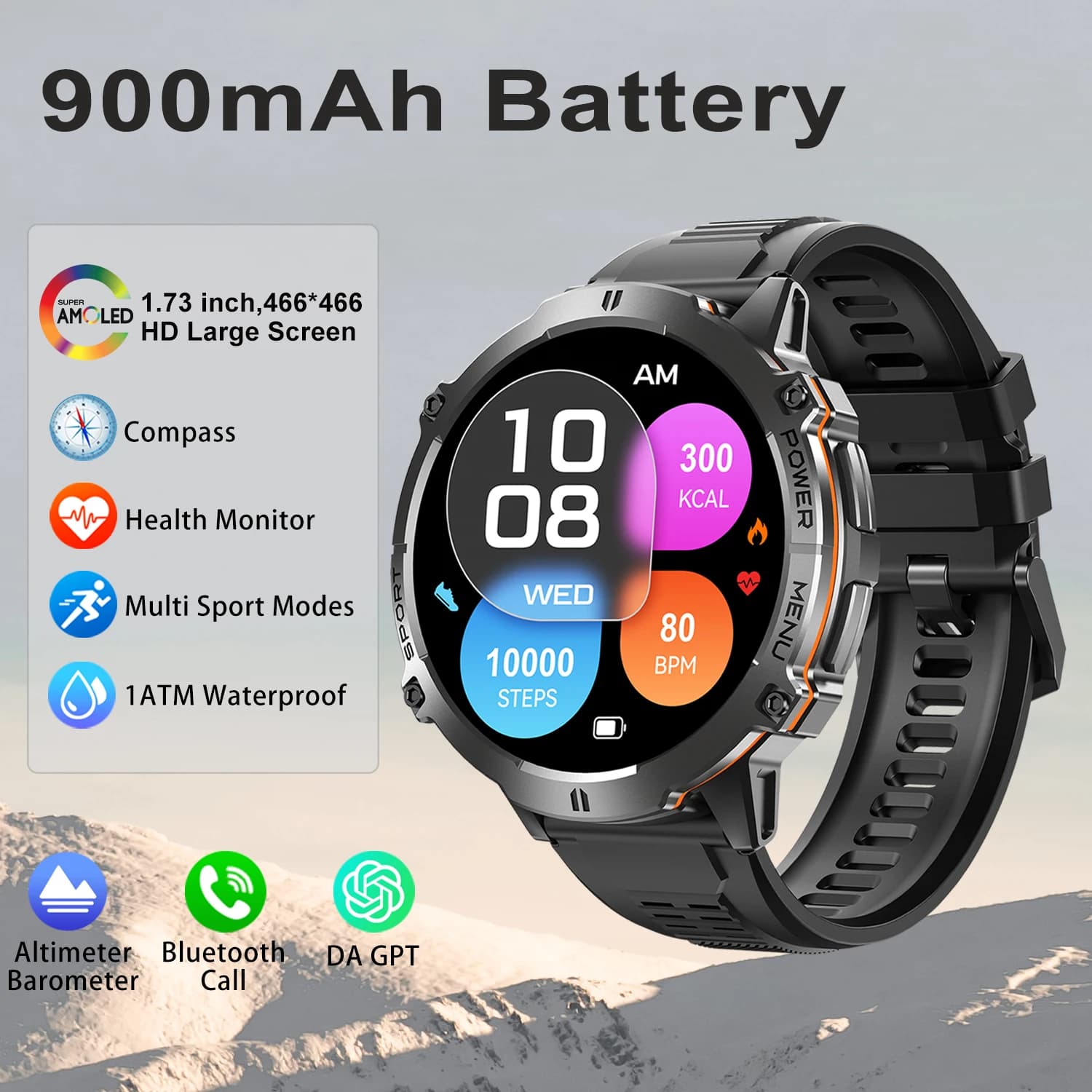 Smartwatch MISIRUN di Grado Militare 900mAh con Display AMOLED, Chat GPT, Bussola, Altimetro, Barometro, Chiamate, Impermeabile, per Sport all'Aperto