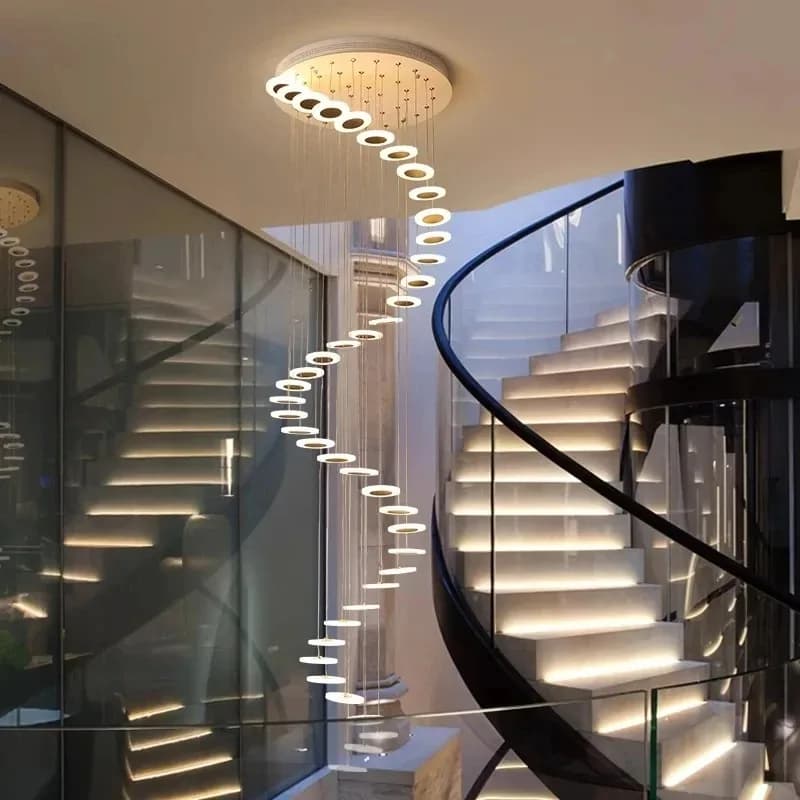 Lampadario a LED in cristallo con scala di lusso per soggiorno, lobby, grande anello moderno, illuminazione a sospensione in cristallo, lampada da interno lunga cromata
