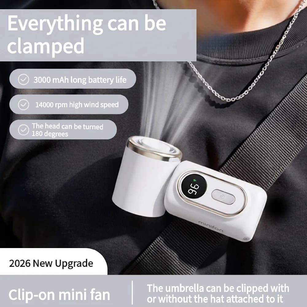 Ventilatore portatile con clip per ombrello, compatto, può ruotare di 180° ° Mini ventilatori di raffreddamento con clip antiscivolo in silicone e ricarica Type-C