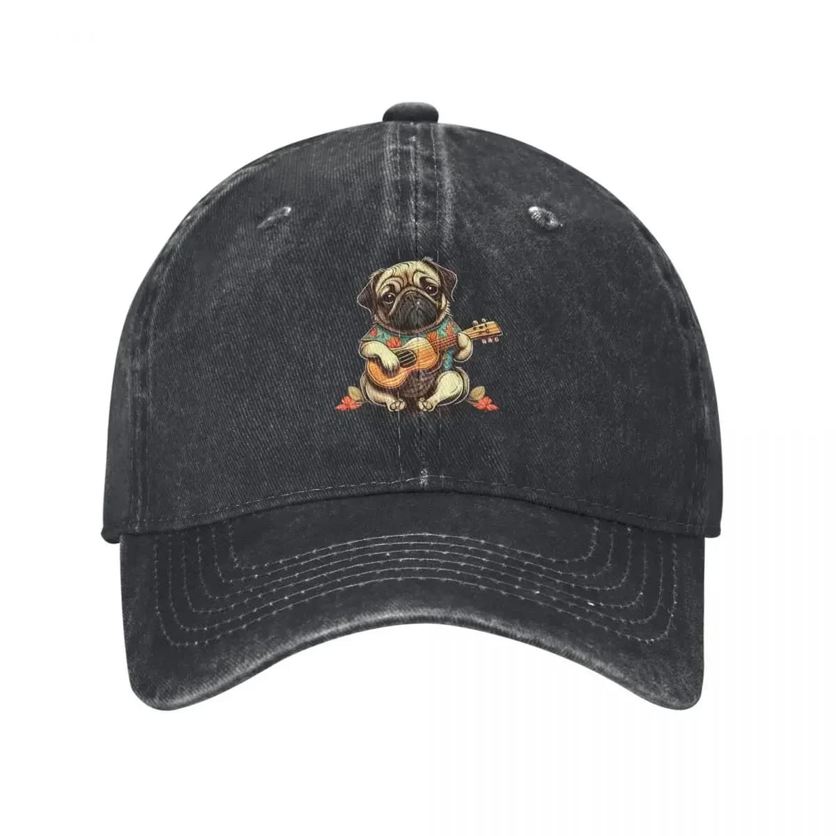 Cute Pug Dog Playing Ukulele Baseball Cap birthday Mountaineering Fashion Beach Hat men Boy Child Women's