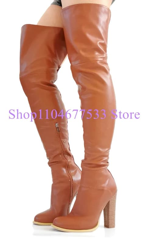 Stivali lunghi da donna con tacco grosso in pelle di colore marrone Stivali lunghi sopra il ginocchio con punta tonda alla moda Stivaletti invernali da donna Foto reali