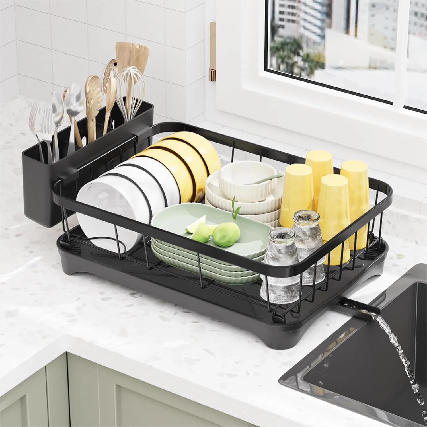 Dish Drying Rack with Adjustable Spout, Iron Kitchen Dish Rack with Removable Draining Board for Counter, Caravan Use, Black