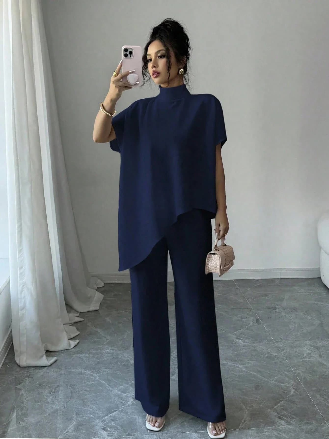2pcs Women Asymmetric Blouse And Wide Leg Pants Set