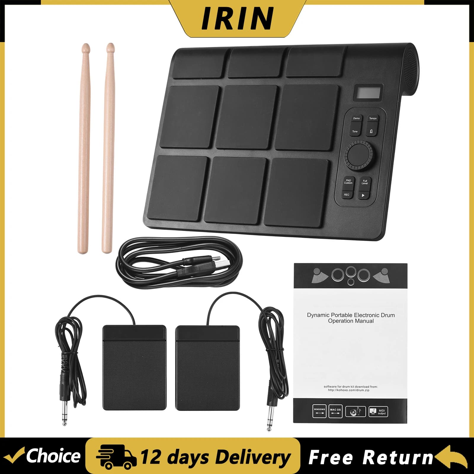 IRIN Electronic Drum Set with 2 Speaker 9 Pads Color Lighting Supports BT MIDI Various Audio Connection LCD Display Adjustab