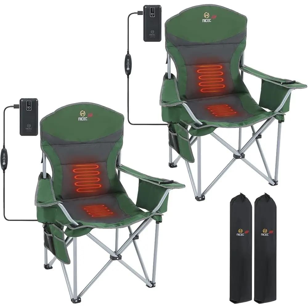 Sedie da Campeggio Riscaldate Portatili con Power Bank, Frigorifero e Portabicchieri - Set di 2 Verde/Grigio