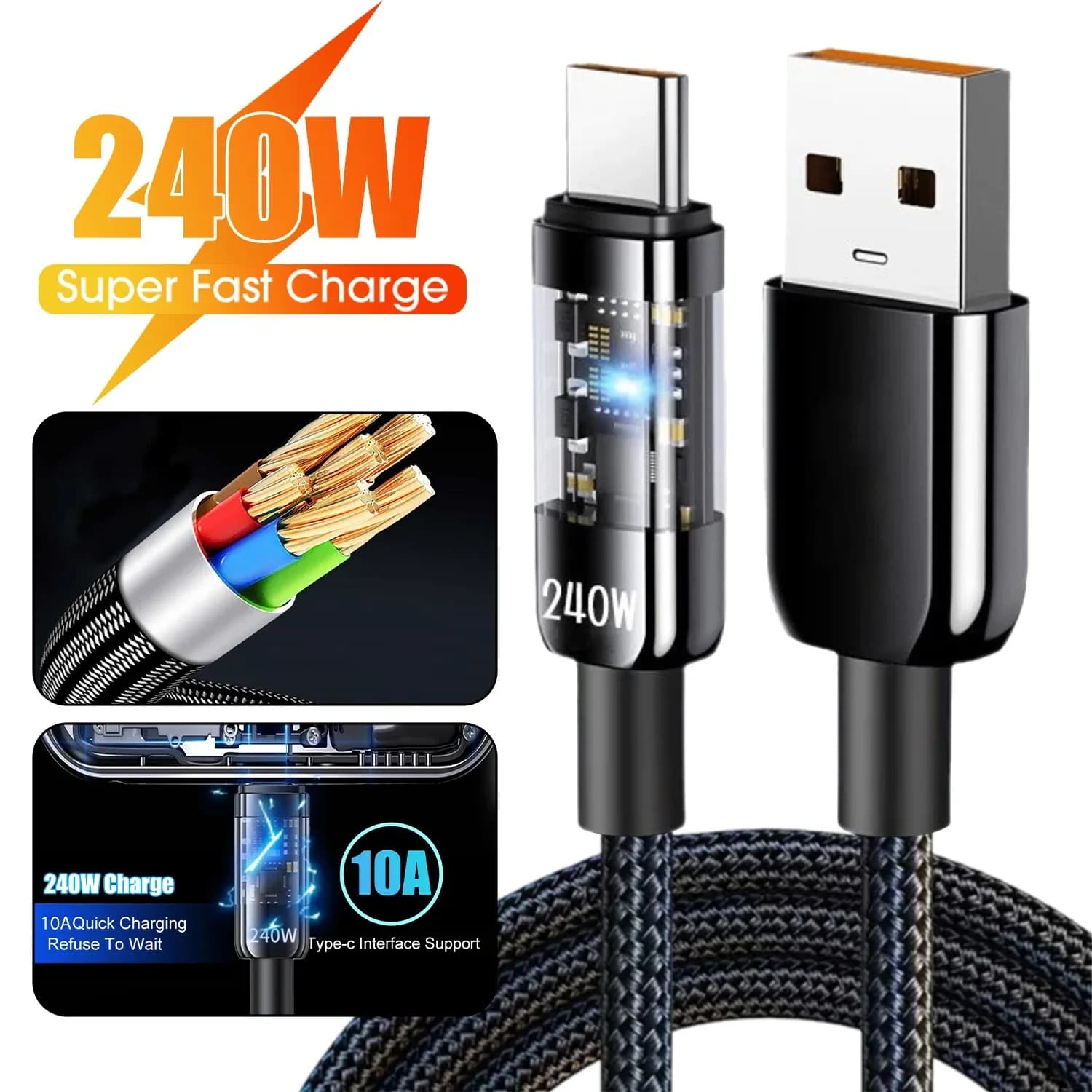 Cavo USB Tipo C con Indicatore LED 240W 10A per Ricarica Rapida e Trasferimento Dati per Samsung Xiaomi 17 15 Huawei Oneplus