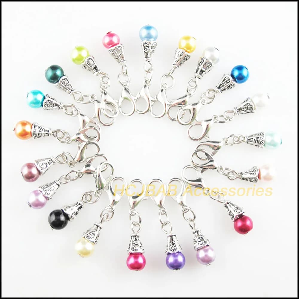 20Pcs Tibetan Silver Tone Tiny Cone Retro Mixed Ball Glass 6x17mm With Lobster Claw Clasps Charms HCJBAB