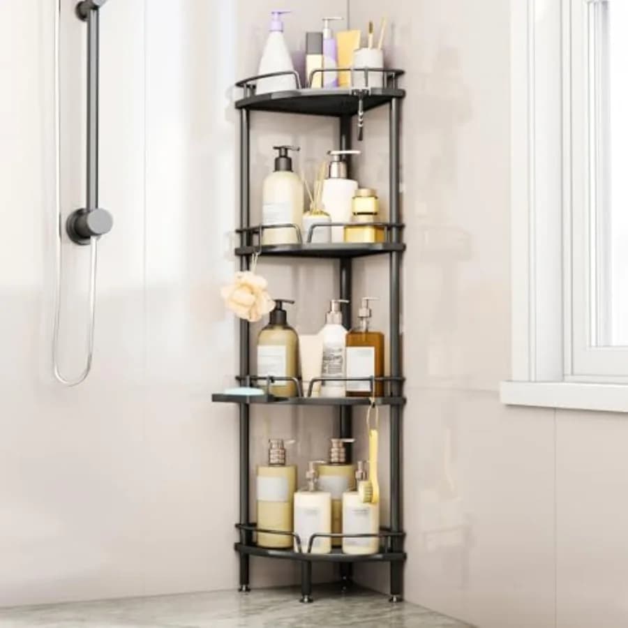 Mensola Angolare per Doccia - Organizzatore Doccia con Porta Sapone, Scaffale Angolare Alto da Terra con Piedini Regolabili e 4 Ganci
