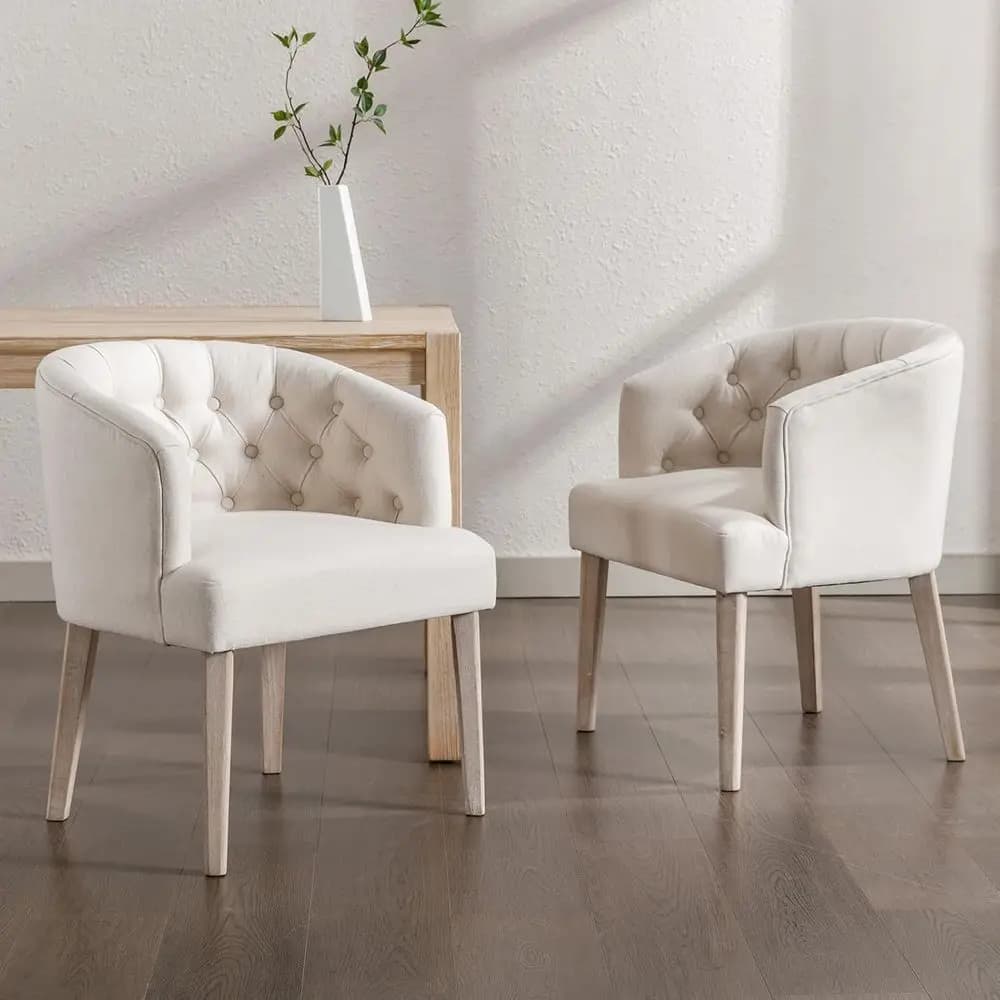 Set di 2 sedie laterali rivestite in lino, comode sedie a botte con gambe in legno per casa, cucina, sala da pranzo, soggiorno, riposo