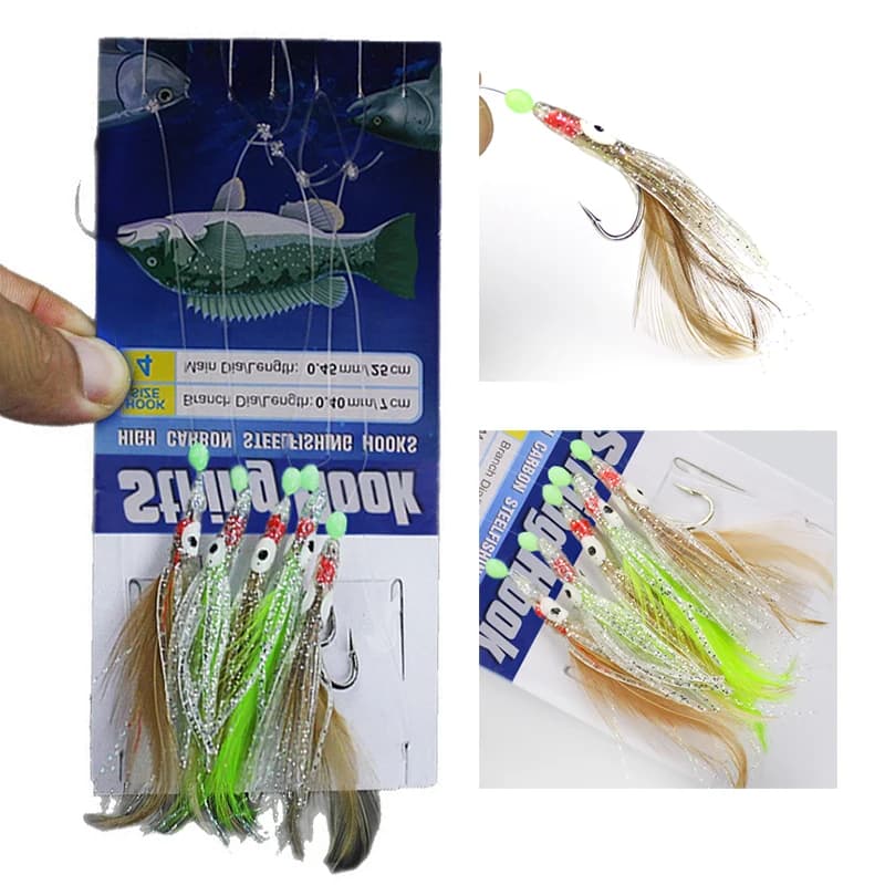 5Hoods Luminoso Polpo Sgombro Piume Sabiki Esca Rigs con String Esche Da Pesca Calamari Maratona Rigs Attrezzatura Da Pesca Richiamo Set