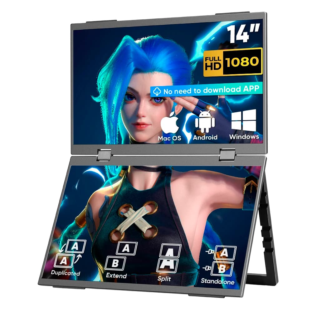 OEM ODM Factory 14 Inch 1080P Folding LCD Screen Portable Triple Monitor USB Type-C With Support VESA Gaming Double Laptop Monitor