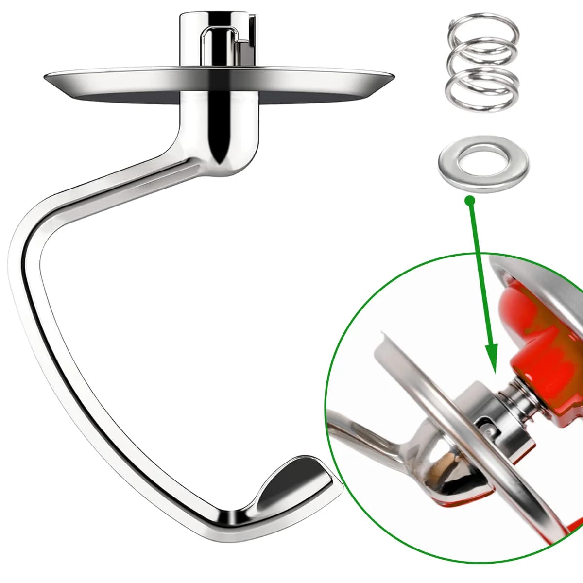 Gancio per Impastare in Acciaio Inox con Molla e Rondella per Impastatrici Kitchenaid da 4,5-5 Quarti con Testa Inclinabile, Lavabile in Lavastoviglie