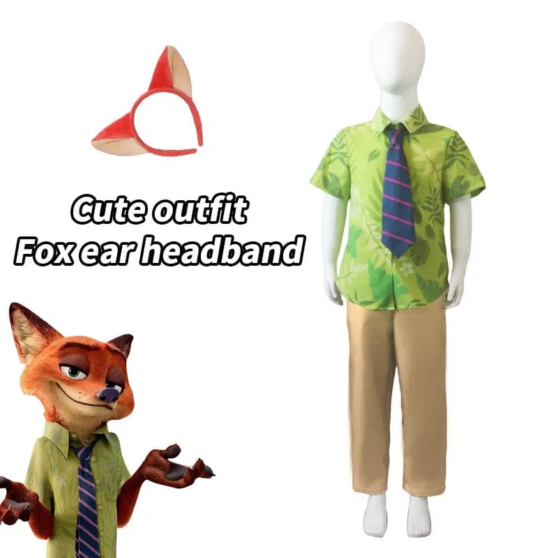 T-shirt cosplay Fox Nick Wilde with men's tie, summer casual t-shirt with print green leaves and tie for Halloween