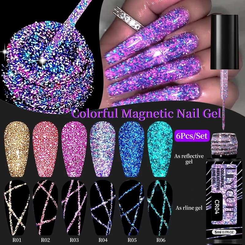 LILYCUTE 6 Pz/set 5ml Riflettente Glitter Liner Gel Smalto Champagne Linee Scintillanti Unghie Artistiche Pittura Gel Gel UV Semi Permanente